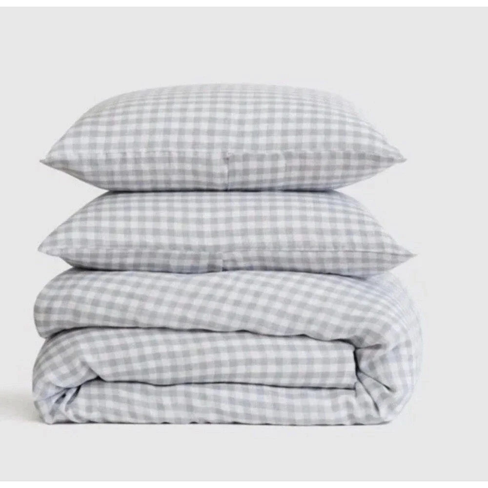 Quince European Linen Gingham Duvet Cover Set Full Queen Blue Fog Discontinued